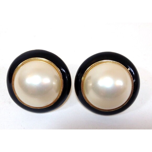 Vintage Beautiful Pearl Black and  Gold Tone Costume Jewelry Costume Earrings - Picture 2 of 4